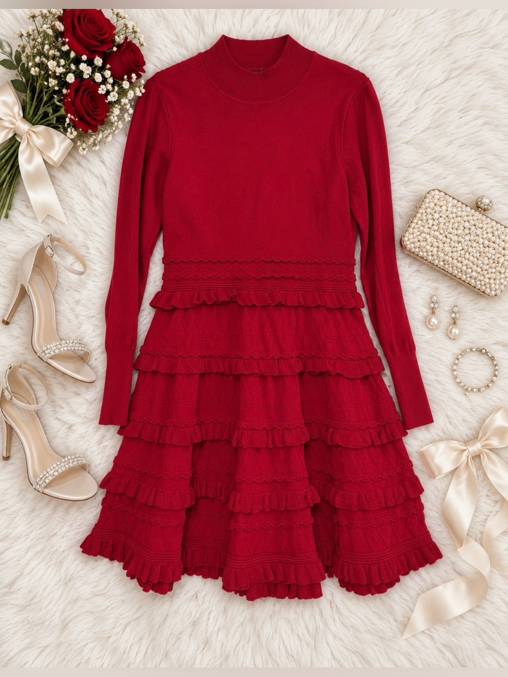 Muse by Marchesa Calla Lycra Blend Mock Neck Tiered Ruffle A-Line Dress